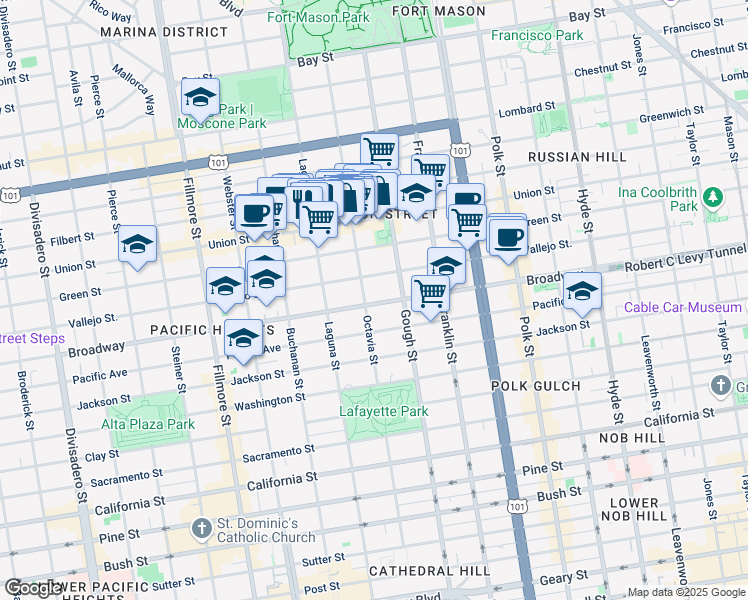map of restaurants, bars, coffee shops, grocery stores, and more near 1840 Broadway Street in San Francisco