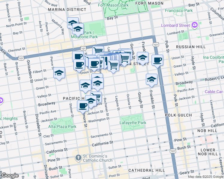 map of restaurants, bars, coffee shops, grocery stores, and more near 2000 Broadway in San Francisco