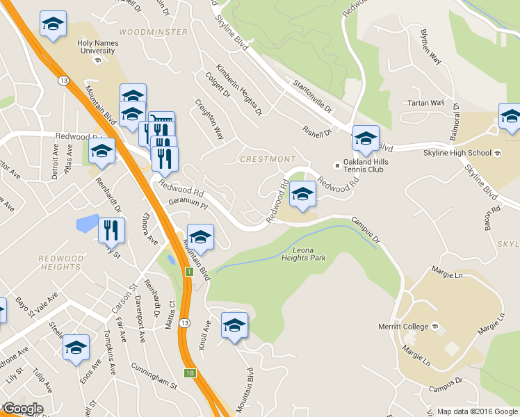 map of restaurants, bars, coffee shops, grocery stores, and more near 11 Kingwood Road in Oakland