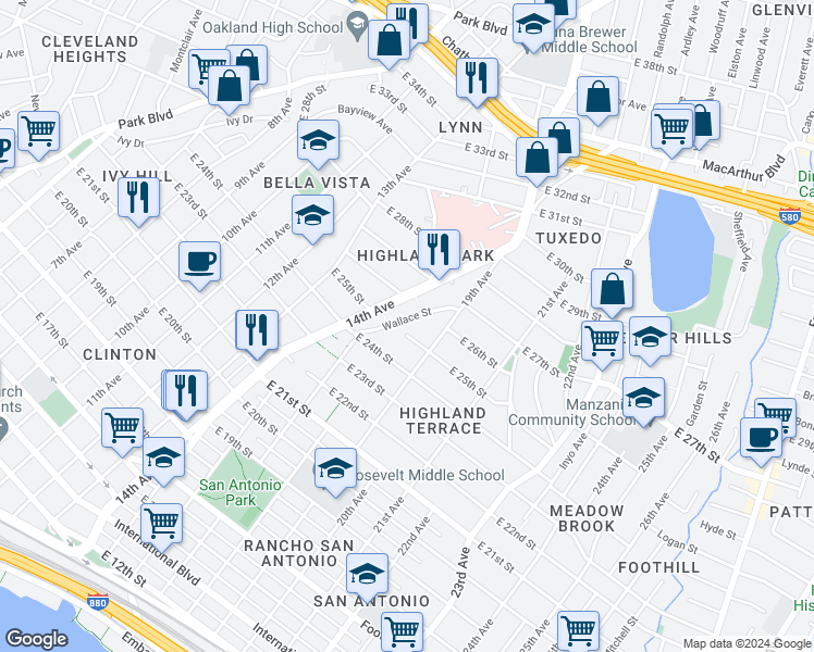 map of restaurants, bars, coffee shops, grocery stores, and more near 2600 Wallace Street in Oakland