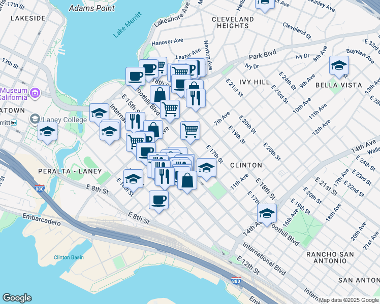 map of restaurants, bars, coffee shops, grocery stores, and more near in Oakland