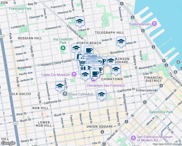 map of restaurants, bars, coffee shops, grocery stores, and more near 845 Jackson Street in San Francisco