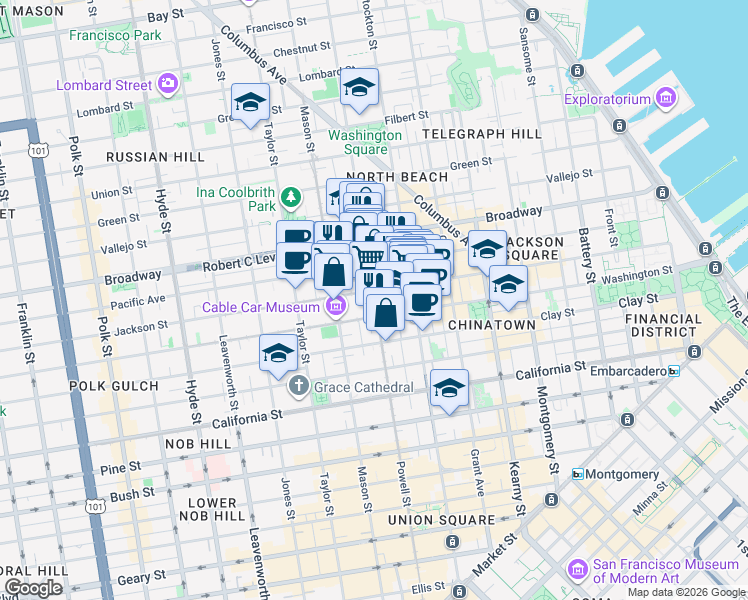 map of restaurants, bars, coffee shops, grocery stores, and more near in San Francisco
