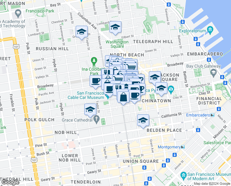 map of restaurants, bars, coffee shops, grocery stores, and more near 1150 Powell Street in San Francisco