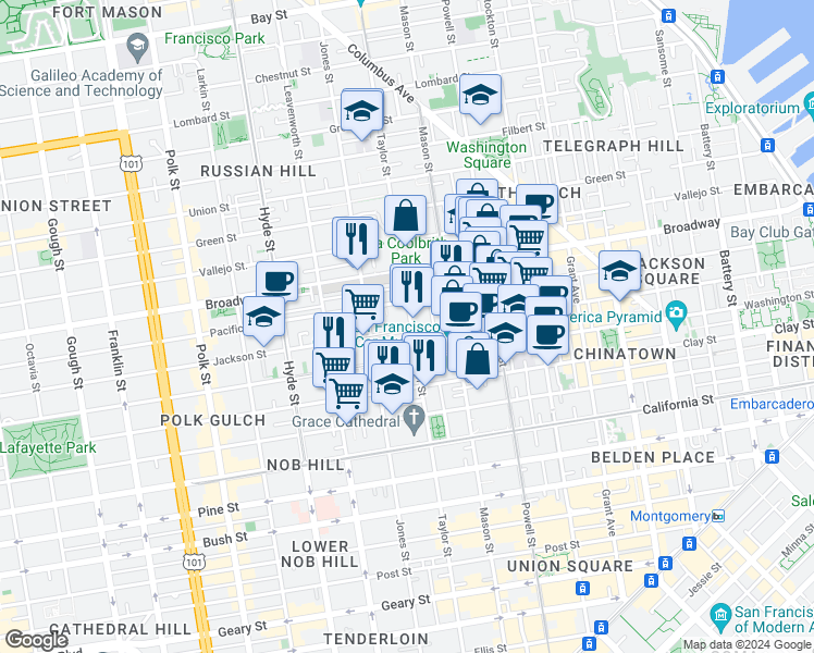 map of restaurants, bars, coffee shops, grocery stores, and more near 1425 Taylor Street in San Francisco