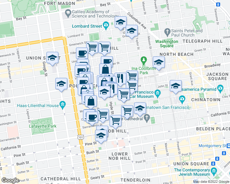 map of restaurants, bars, coffee shops, grocery stores, and more near 1387 Pacific Avenue in San Francisco