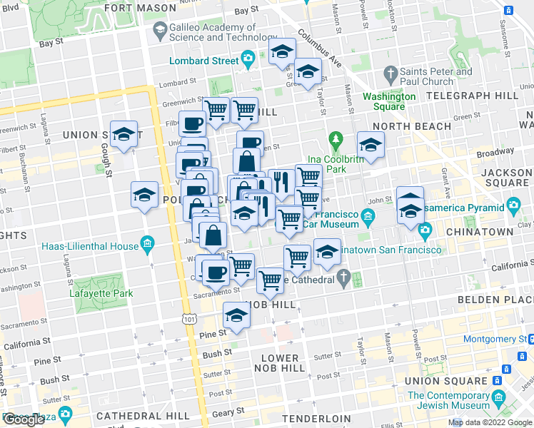 map of restaurants, bars, coffee shops, grocery stores, and more near 1387 Pacific Avenue in San Francisco