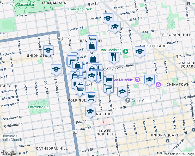 map of restaurants, bars, coffee shops, grocery stores, and more near 1387 Pacific Avenue in San Francisco