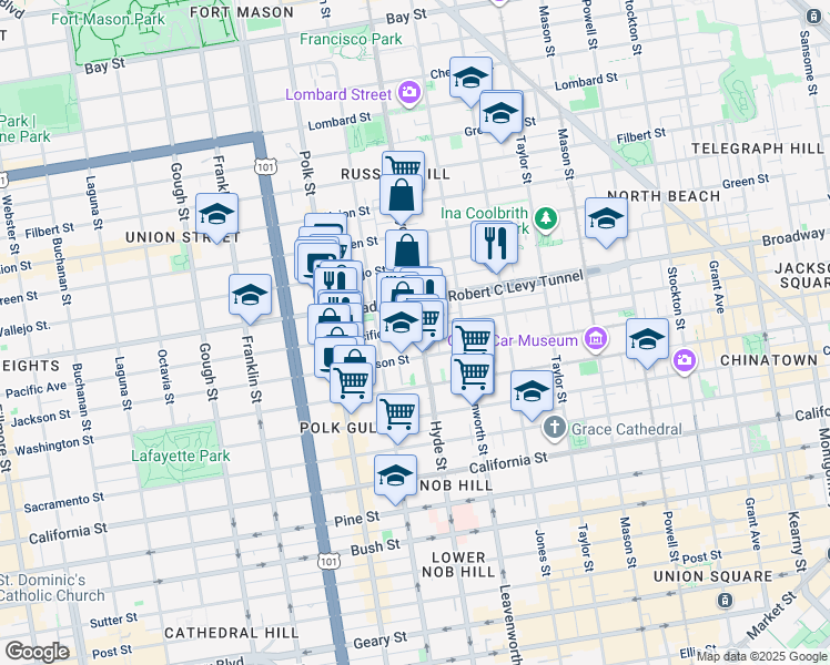 map of restaurants, bars, coffee shops, grocery stores, and more near 1387 Pacific Avenue in San Francisco