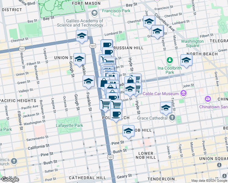 map of restaurants, bars, coffee shops, grocery stores, and more near 1560 Pacific Avenue in San Francisco
