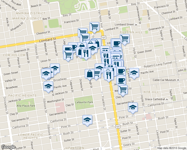 map of restaurants, bars, coffee shops, grocery stores, and more near 1730 Broadway in San Francisco