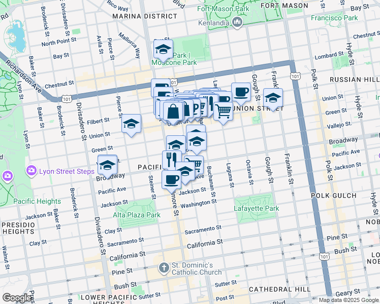 map of restaurants, bars, coffee shops, grocery stores, and more near 2137 Vallejo Street in San Francisco