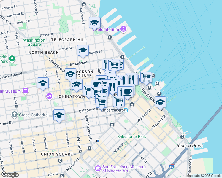 map of restaurants, bars, coffee shops, grocery stores, and more near 1 Maritime Plaza in San Francisco