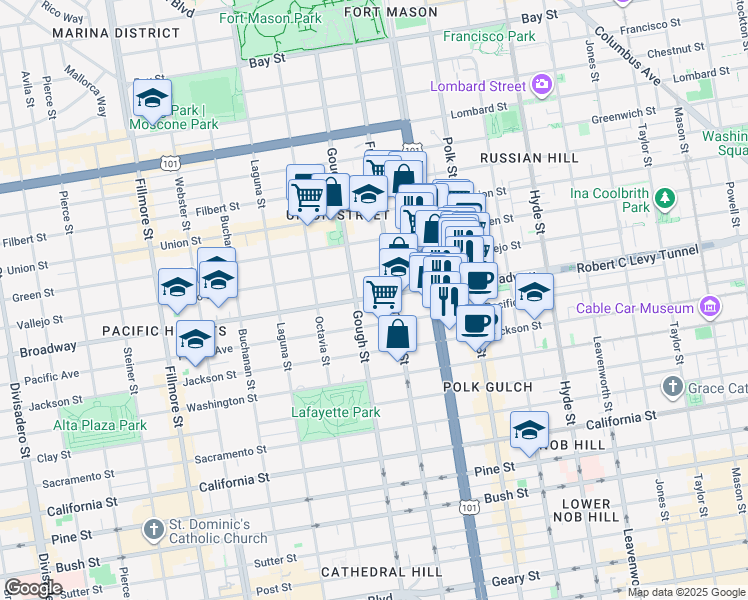 map of restaurants, bars, coffee shops, grocery stores, and more near 1730 Broadway in San Francisco