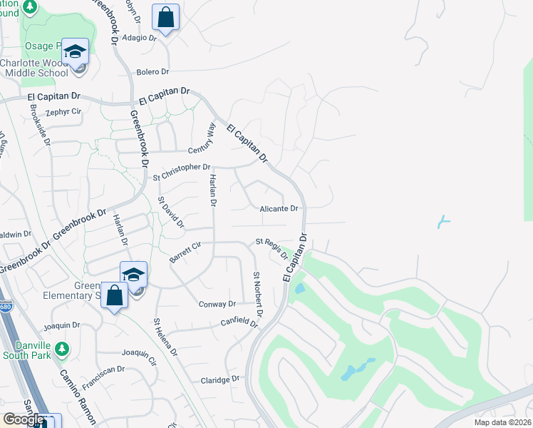 map of restaurants, bars, coffee shops, grocery stores, and more near 205 Aptos Place in Danville