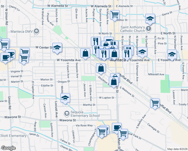 map of restaurants, bars, coffee shops, grocery stores, and more near 255 Stockton Street in Manteca