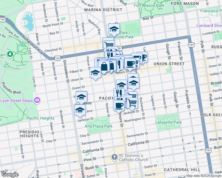 map of restaurants, bars, coffee shops, grocery stores, and more near 2340 Vallejo Street in San Francisco