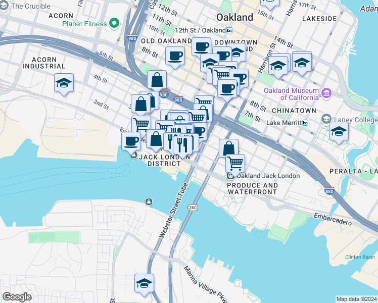 map of restaurants, bars, coffee shops, grocery stores, and more near 149 Franklin Street in Oakland