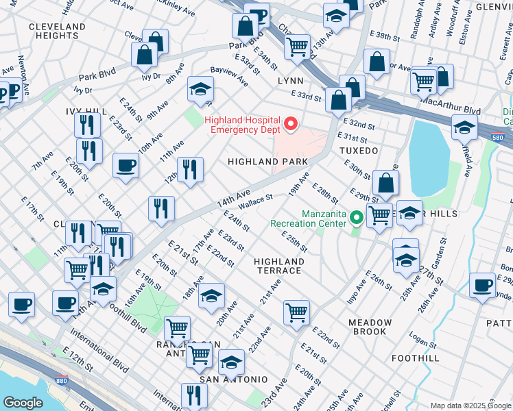 map of restaurants, bars, coffee shops, grocery stores, and more near 1810 East 25th Street in Oakland