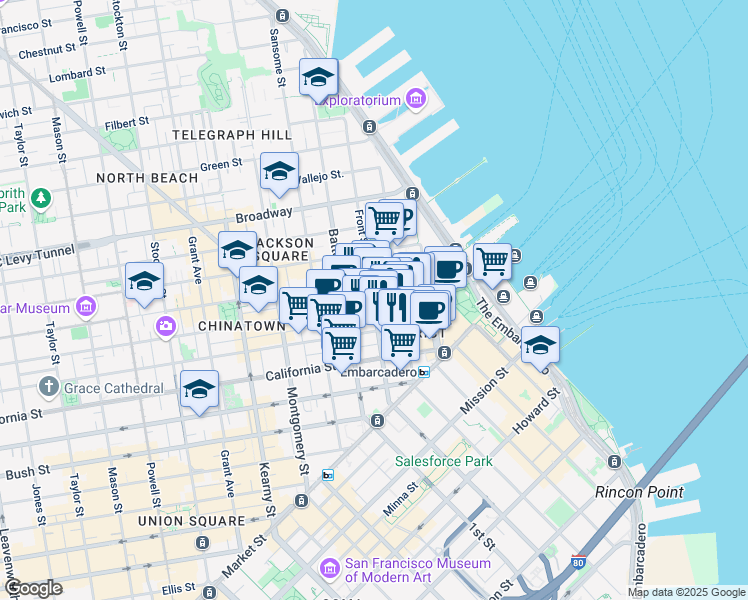 map of restaurants, bars, coffee shops, grocery stores, and more near 300 Clay Street in San Francisco