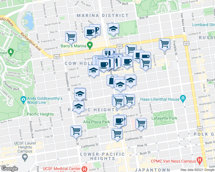 map of restaurants, bars, coffee shops, grocery stores, and more near 2340 Vallejo Street in San Francisco