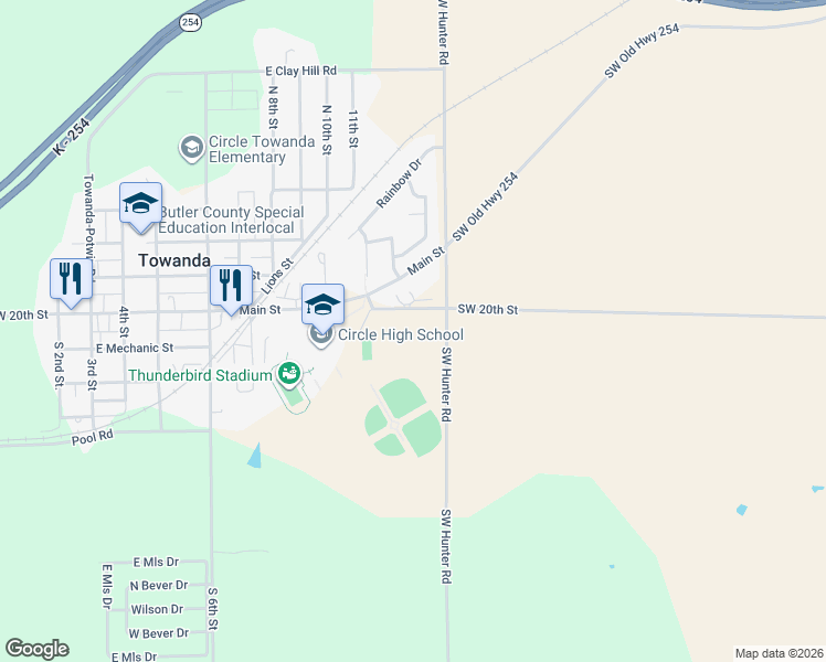 map of restaurants, bars, coffee shops, grocery stores, and more near Southwest 20th Street in Towanda