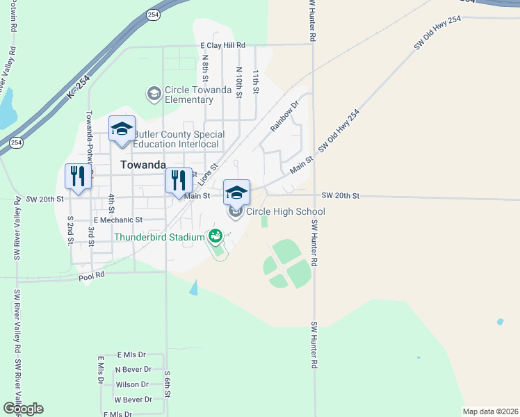 map of restaurants, bars, coffee shops, grocery stores, and more near Southwest 20th Street in Towanda