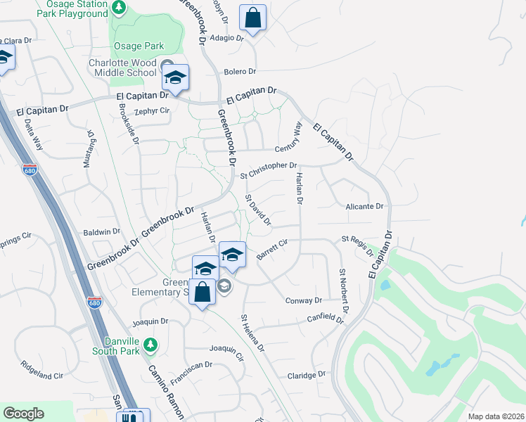 map of restaurants, bars, coffee shops, grocery stores, and more near 1659 Saint David Drive in Danville