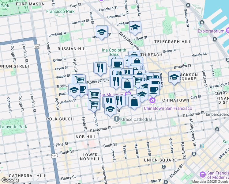 map of restaurants, bars, coffee shops, grocery stores, and more near 1100 Jackson Street in San Francisco