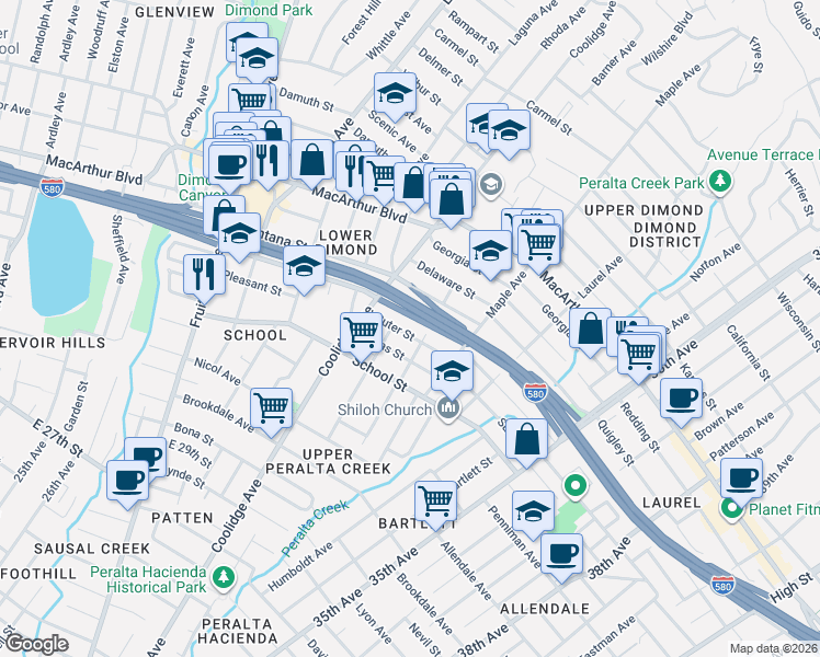 map of restaurants, bars, coffee shops, grocery stores, and more near 3080 Suter Street in Oakland