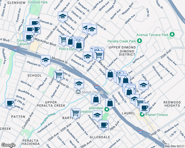 map of restaurants, bars, coffee shops, grocery stores, and more near 3036 Delaware Street in Oakland