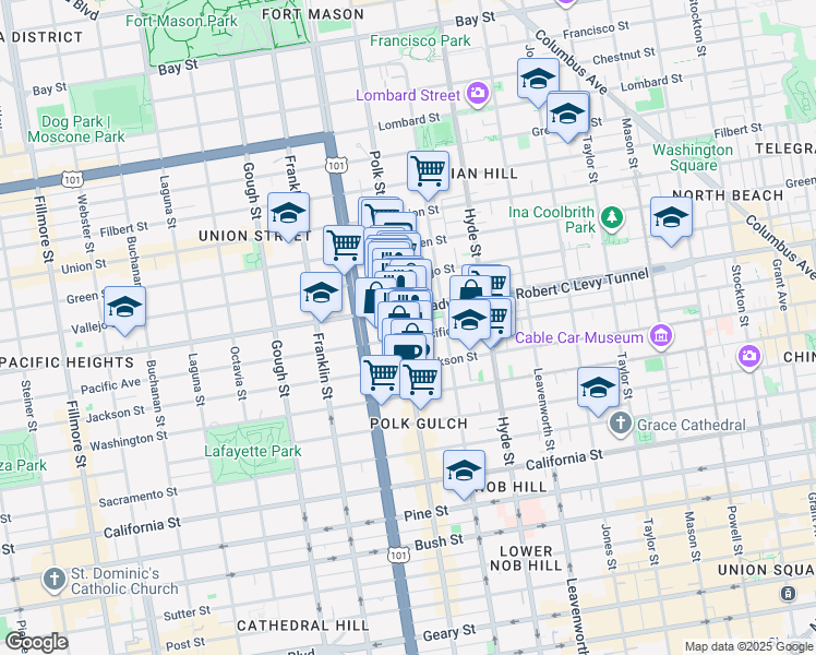 map of restaurants, bars, coffee shops, grocery stores, and more near 1560 Pacific Avenue in San Francisco