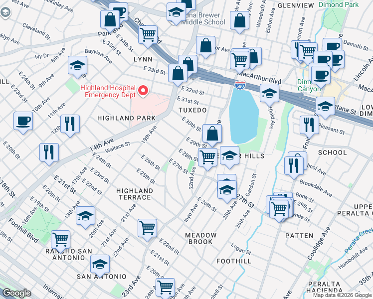 map of restaurants, bars, coffee shops, grocery stores, and more near 2044 East 28th Street in Oakland