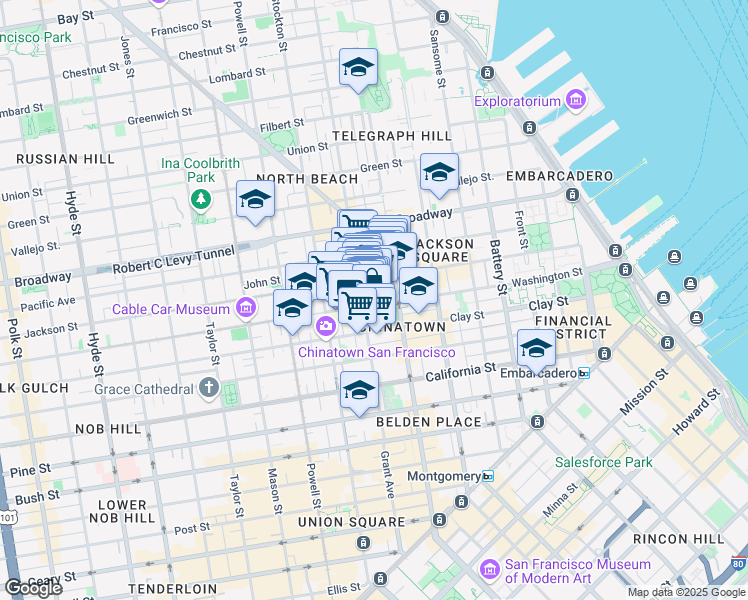 map of restaurants, bars, coffee shops, grocery stores, and more near 744 Washington Street in San Francisco