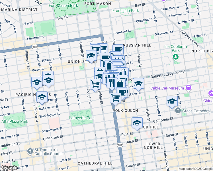 map of restaurants, bars, coffee shops, grocery stores, and more near 2151 U.S. 101 in San Francisco