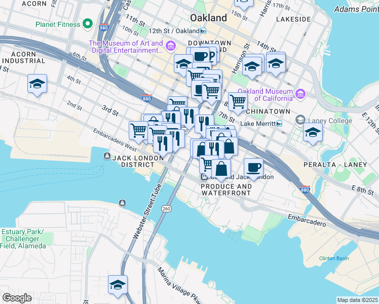 map of restaurants, bars, coffee shops, grocery stores, and more near 307 3rd Street in Oakland