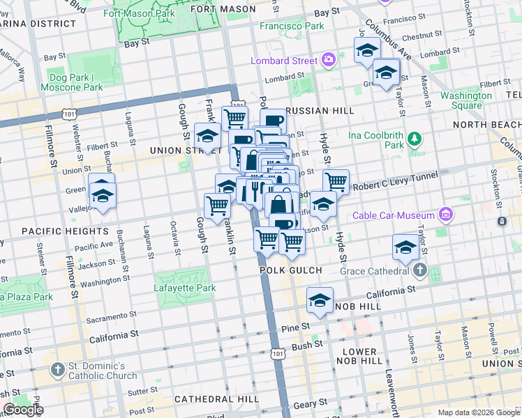 map of restaurants, bars, coffee shops, grocery stores, and more near 1601 Pacific Avenue in San Francisco