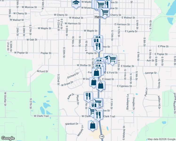 map of restaurants, bars, coffee shops, grocery stores, and more near 816 South 17th Street in Herrin