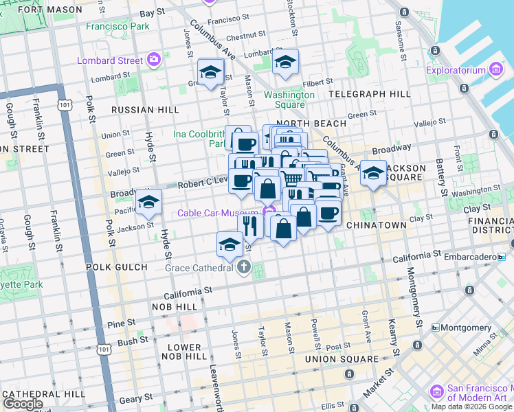 map of restaurants, bars, coffee shops, grocery stores, and more near 2 Auburn Street in San Francisco