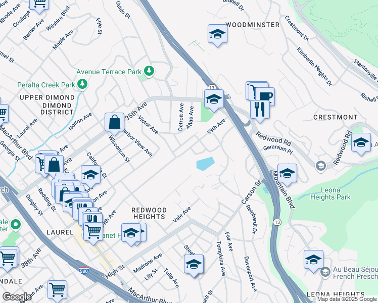 map of restaurants, bars, coffee shops, grocery stores, and more near 2 Selkirk Street in Oakland