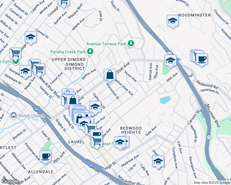 map of restaurants, bars, coffee shops, grocery stores, and more near 3633 Wisconsin Street in Oakland