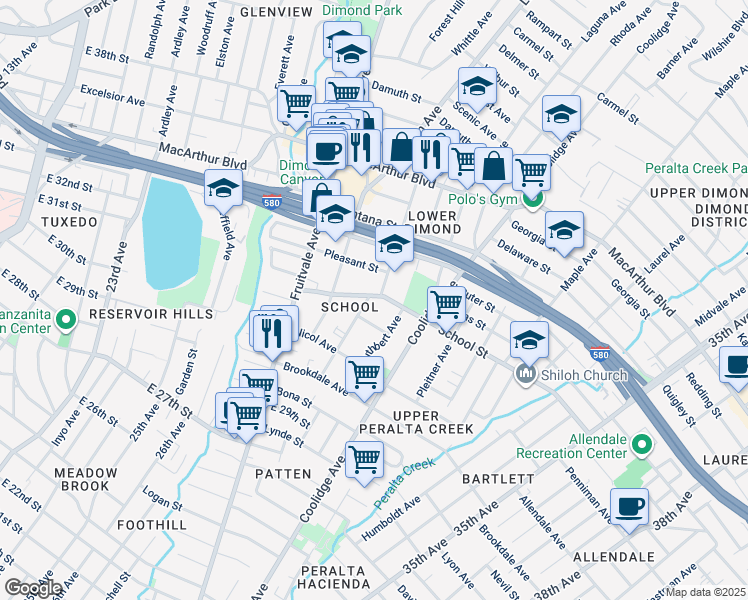 map of restaurants, bars, coffee shops, grocery stores, and more near 2938 School Street in Oakland