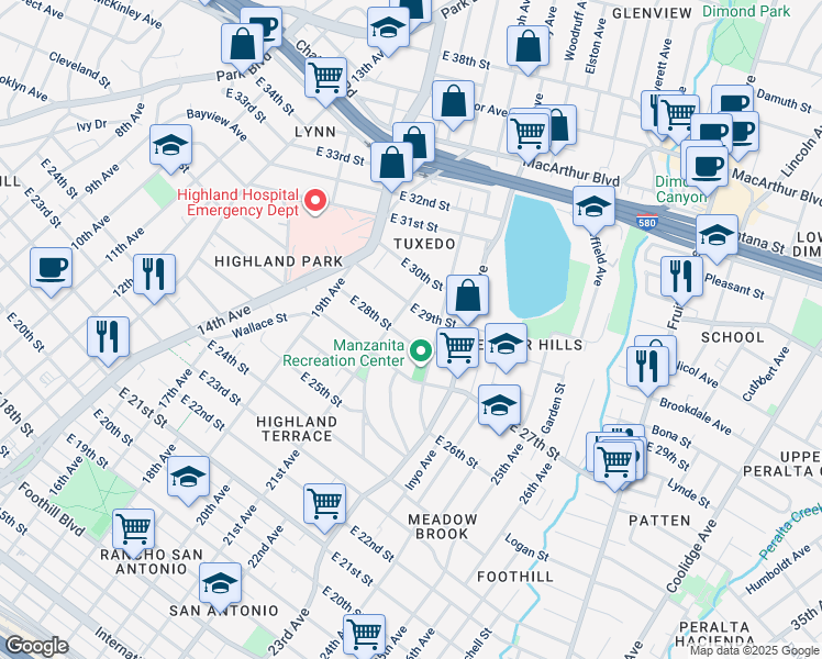map of restaurants, bars, coffee shops, grocery stores, and more near 2044 East 28th Street in Oakland