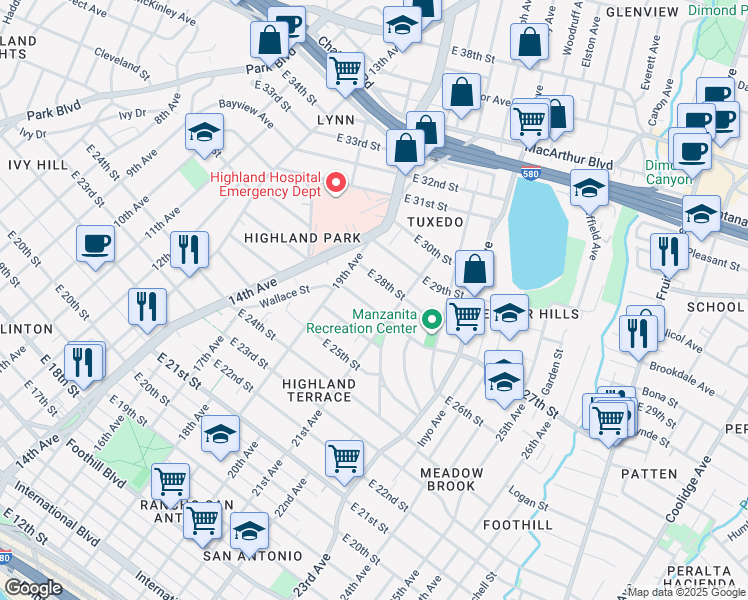 map of restaurants, bars, coffee shops, grocery stores, and more near 2004 East 27th Street in Oakland