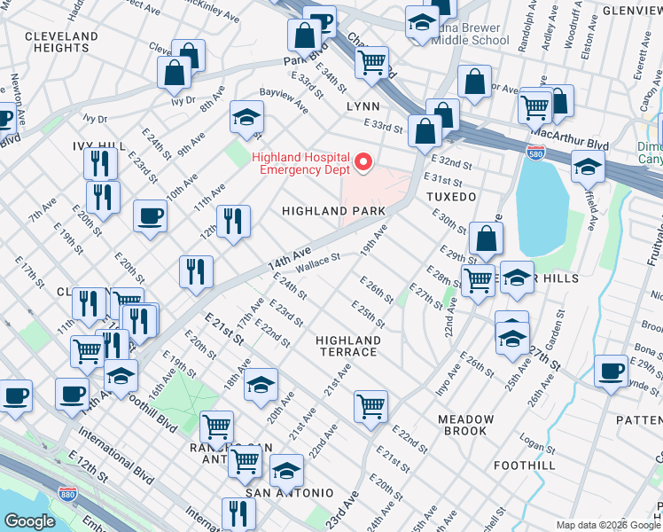 map of restaurants, bars, coffee shops, grocery stores, and more near 2600 Wallace Street in Oakland