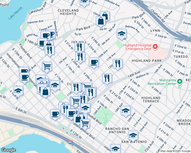 map of restaurants, bars, coffee shops, grocery stores, and more near 2036 11th Avenue in Oakland