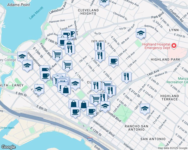 map of restaurants, bars, coffee shops, grocery stores, and more near 1851 10th Avenue in Oakland