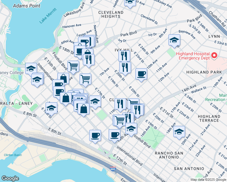map of restaurants, bars, coffee shops, grocery stores, and more near in Oakland