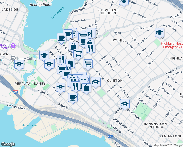 map of restaurants, bars, coffee shops, grocery stores, and more near in Oakland