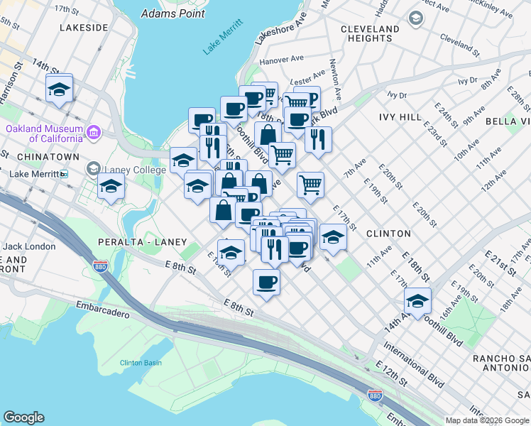 map of restaurants, bars, coffee shops, grocery stores, and more near 544 International Boulevard in Oakland